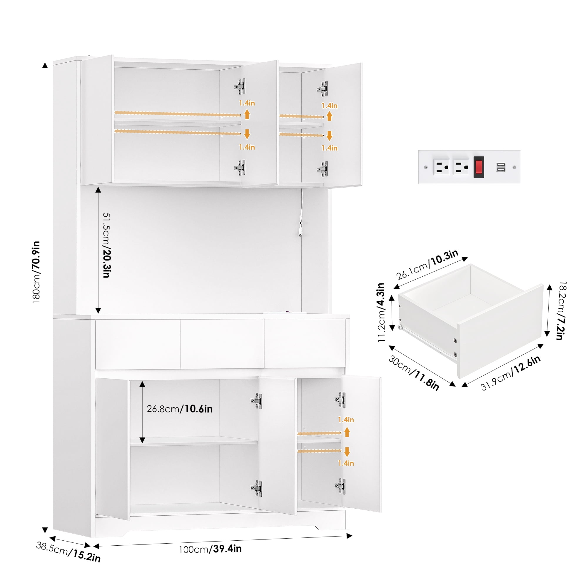 Homfa 70.9'' Tall Kitchen Pantry Cabinet with Charge Station & Led Light, 3 Drawer Storage Cabinet with Adjustable Shelves, White