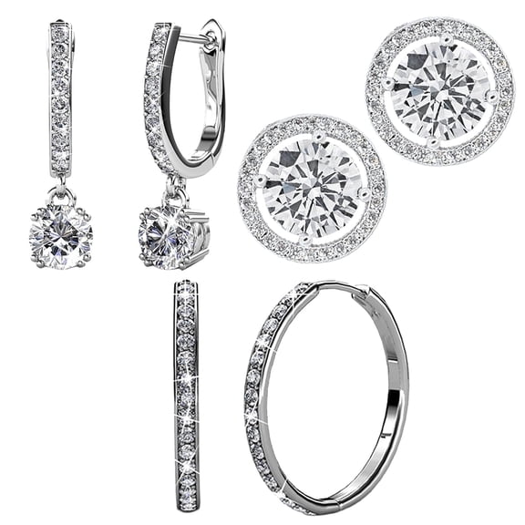 Cate & Chloe Pack of 3 - Bianca, Ariel & McKenzie 18k White Gold Plated Earrings with Swarovski Crystals for Women