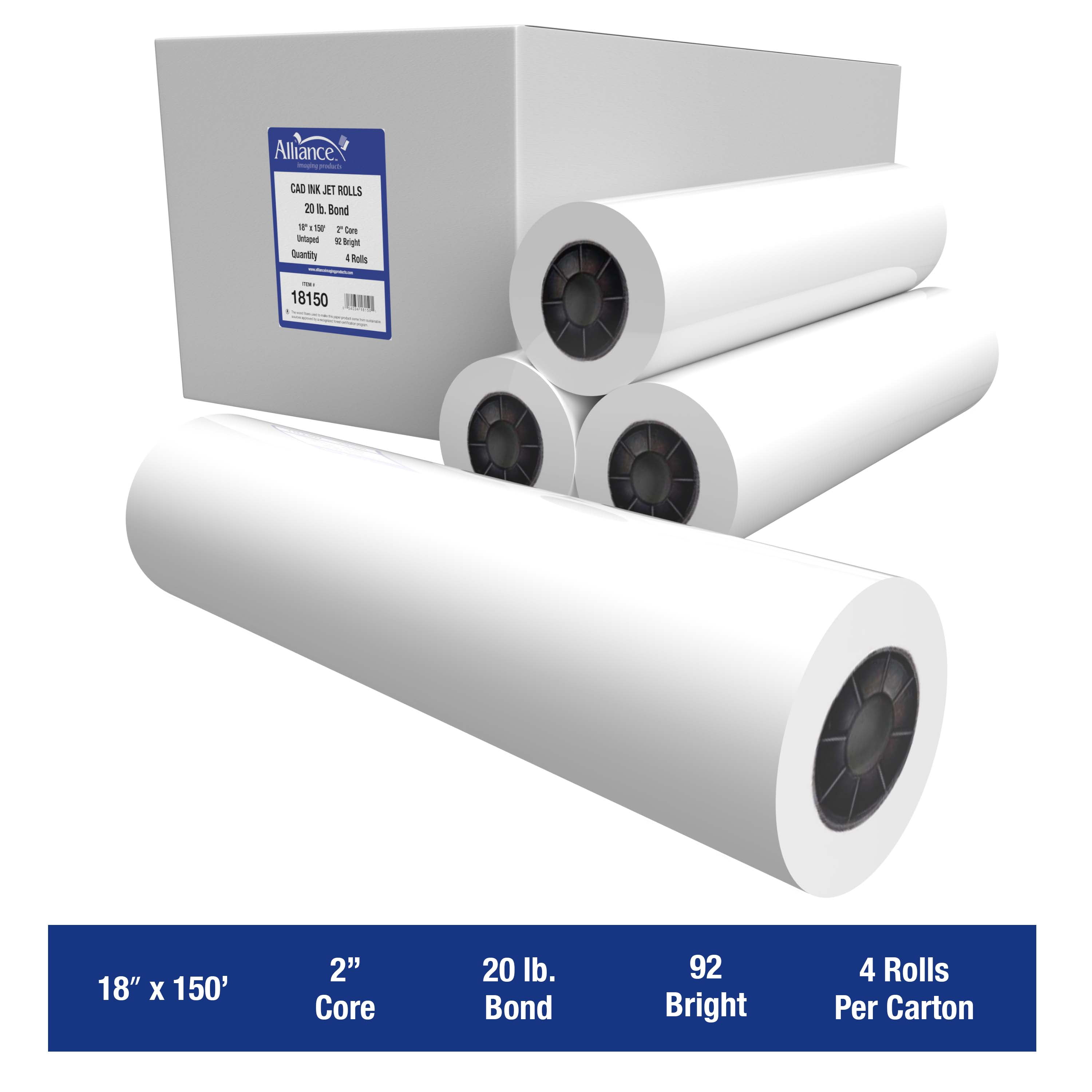 Alliance Wide Format Paper 18" x 150' CAD Bond 20lb | 92 Bright | 4 Rolls | 2" Core