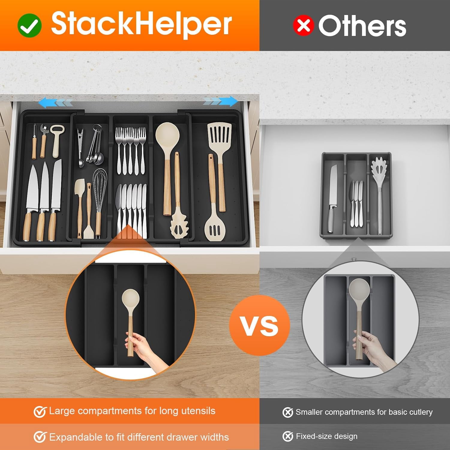 Silverware Organizer, Expandable Utensil Drawer Organizer for Kitchen Drawers, Kitchen Drawer Organizer for Spoons/Forks/Knives, Multipurpose & BPA Free Cutlery Tray, Black, 2 Pack