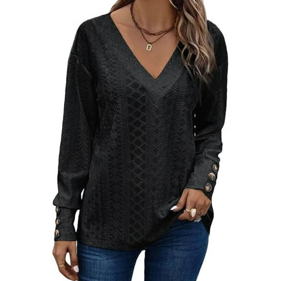 Women'S Tops Dressy Casual V Neck Long Sleeve Buttons Hollow Out Lace Embroidered Blouses Shirts Black S