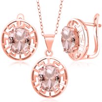 Gem Stone King 18K Rose Gold Plated Silver Peach Nano Morganite Pendant and Earrings Jewelry Set for Women | 6.96 Cttw | Gemstone October Birthstone | Oval 10X8MM | With 18 inch Chain