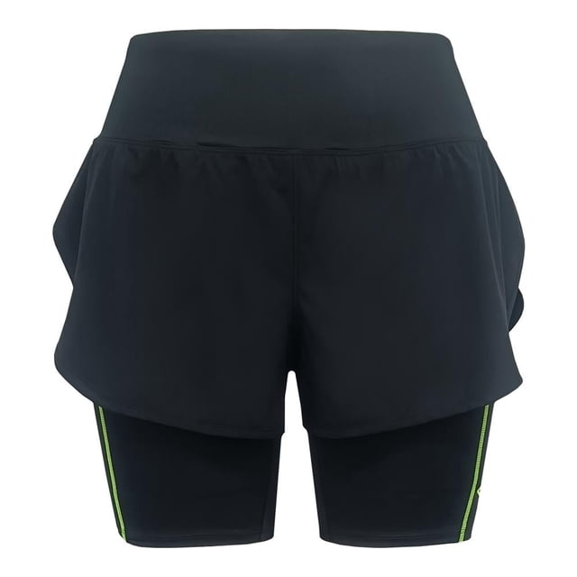 short para mujer umbro talla m con biker y pespuntes en verde neon negro, vista frontal centrada: short deportivo negro con pretina alta elástica y falda exterior suelta sobre biker ajustado hasta la mitad del muslo; pespuntes y tiras laterales en verde neón y logo Umbro en silicona reflectiva en la pierna. Adecuado para entrenamientos y uso diario; también suele usarse para sesiones de running y ciclismo indoor.
