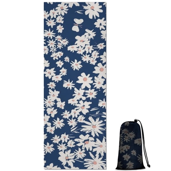 Dark Blue Daisy Flower Pattern Hot Yoga Mat Towel Non Slip for Hot Yoga - Quick-Drying Yoga Mat Cover with 4 Corner Pockets with Travel Bag - Hot Yoga Towel Non Slip 70"x26"