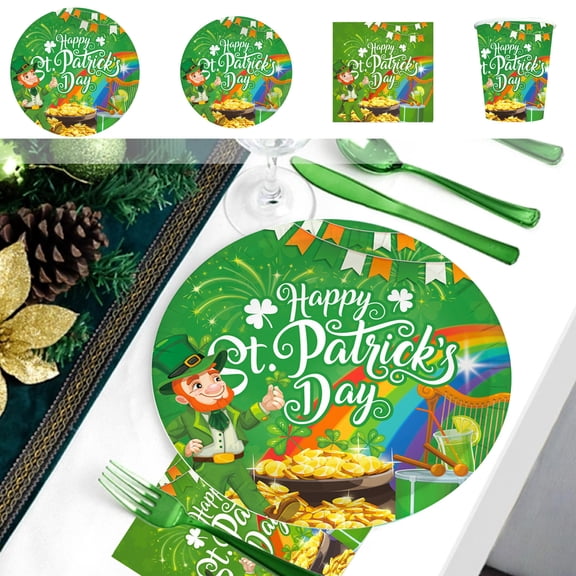 Beautynvta St. Patrick's Day Party Tableware Set, 50 Pcs Green Gnome and Gold Coin Design Paper Plates Cups and Napkins, Disposable Dinnerware Set for 10 Guests