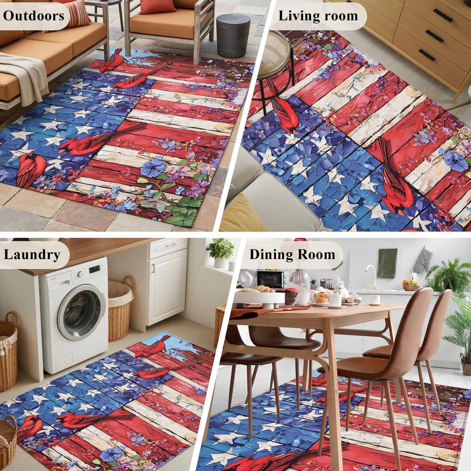 3'x5' Area Rugs, American Flag Indoor Outdoor Area Rug for Living Room Bedroom, Red Blue Star Stripe Patriotic Floral Bird Washable Bathroom Rugs Kitchen Floor Carpet Mats Home Decor Aesthetic