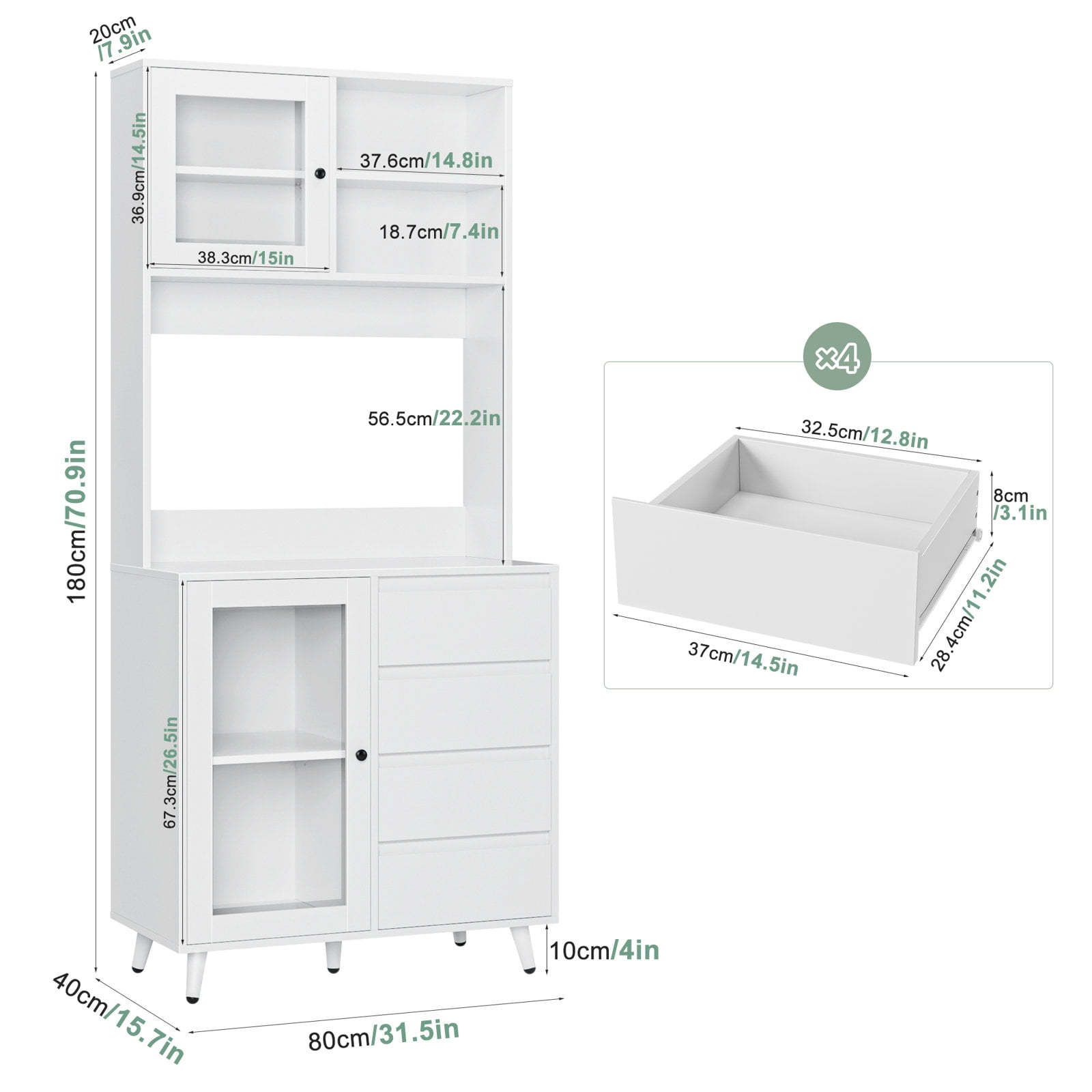Homfa 70''H Pantry Storage Cabinet, Kitchen Hutch Cabinet with Tempered Glass Doors & 2 Adjustable Shelves, White