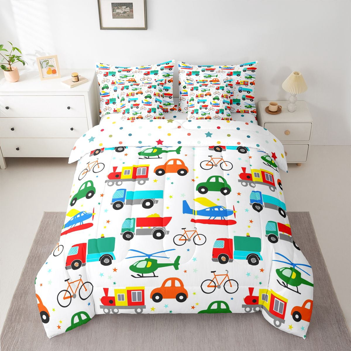 Manfei Colorful Cartoon Cars 7pcs Bedding Comforter Set,Modern Aircraft Aitplane Queen Bedding Sets,Cute Multicolor Stars Queen Sheet Sets For Boys Girls,Super Cozy Room Decor Reversible