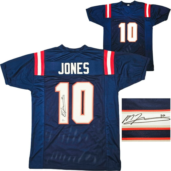 New England Patriots Mac Jones Autographed Blue Jersey Beckett BAS Witness 214796