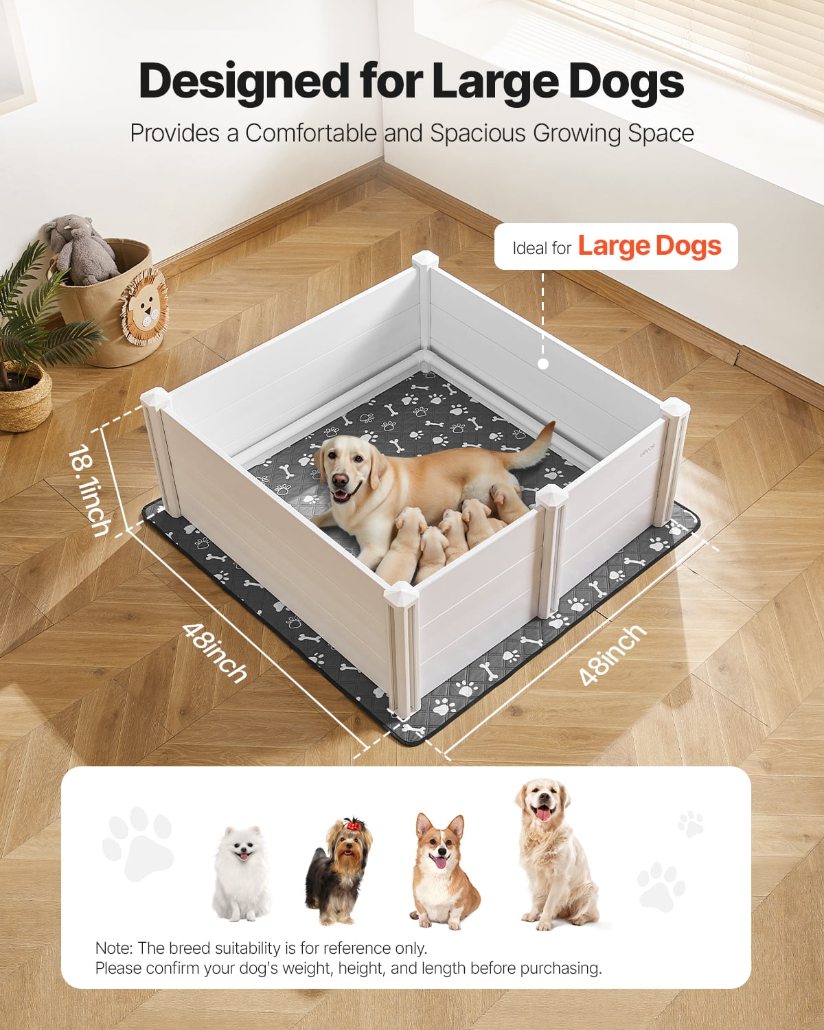 VEVOR Dogs Whelping Box, 48 x 48 x 18.1 inch, Plastic PVC Puppies Playpen with Height Adjustable Door and Washable Pee Pad, Anti-Deformation Indoor Puppy Play Pen for Large Breed Dogs, Milk White