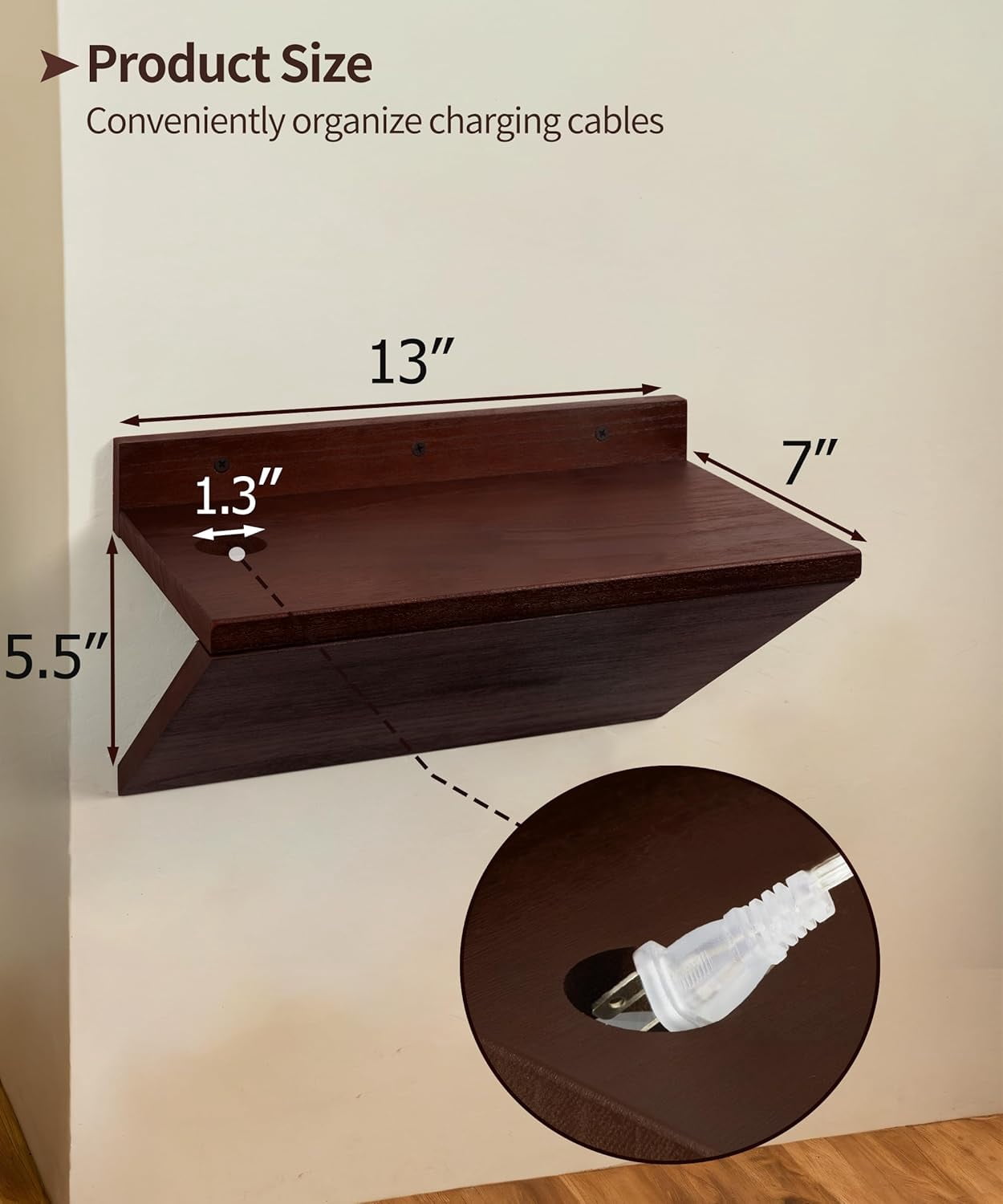 Gronda Floating Nightstand Set of 2,Space Saving Wall Mounted Bedside Table with Cable Hole,Walnut Wood Small Hanging Nightstands for Bedroom Apartment