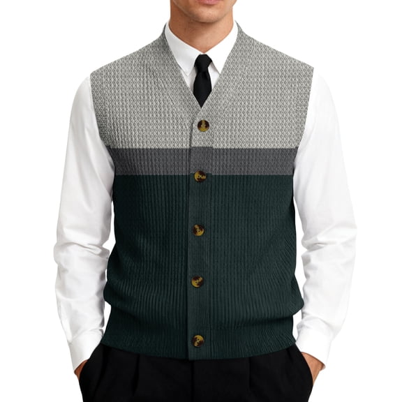 Men's V-Neck Sleeveless Knit Cardigan Vest Texture Print Button-Down Shirt Black Size L