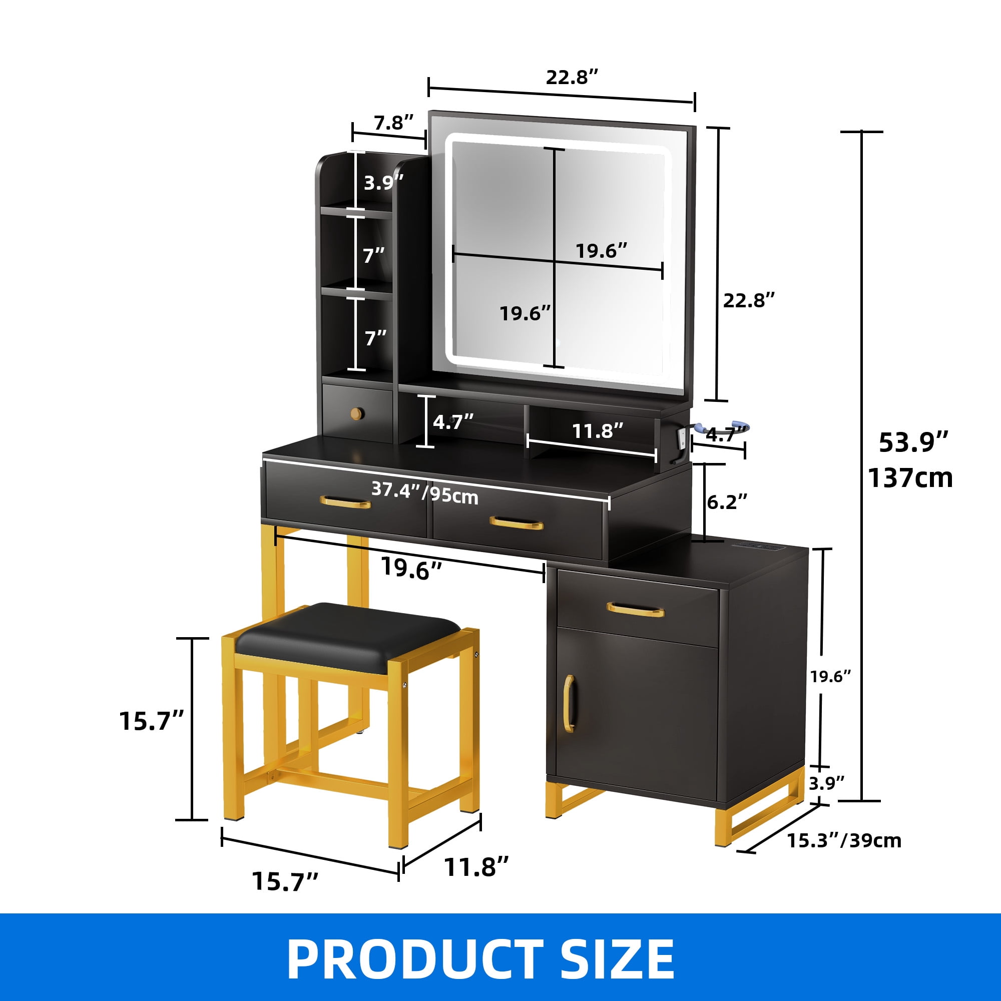 DEXTRUS Vanity Table Set with Adjustable 3 Lighting Color Options Power Outlet Large, Black