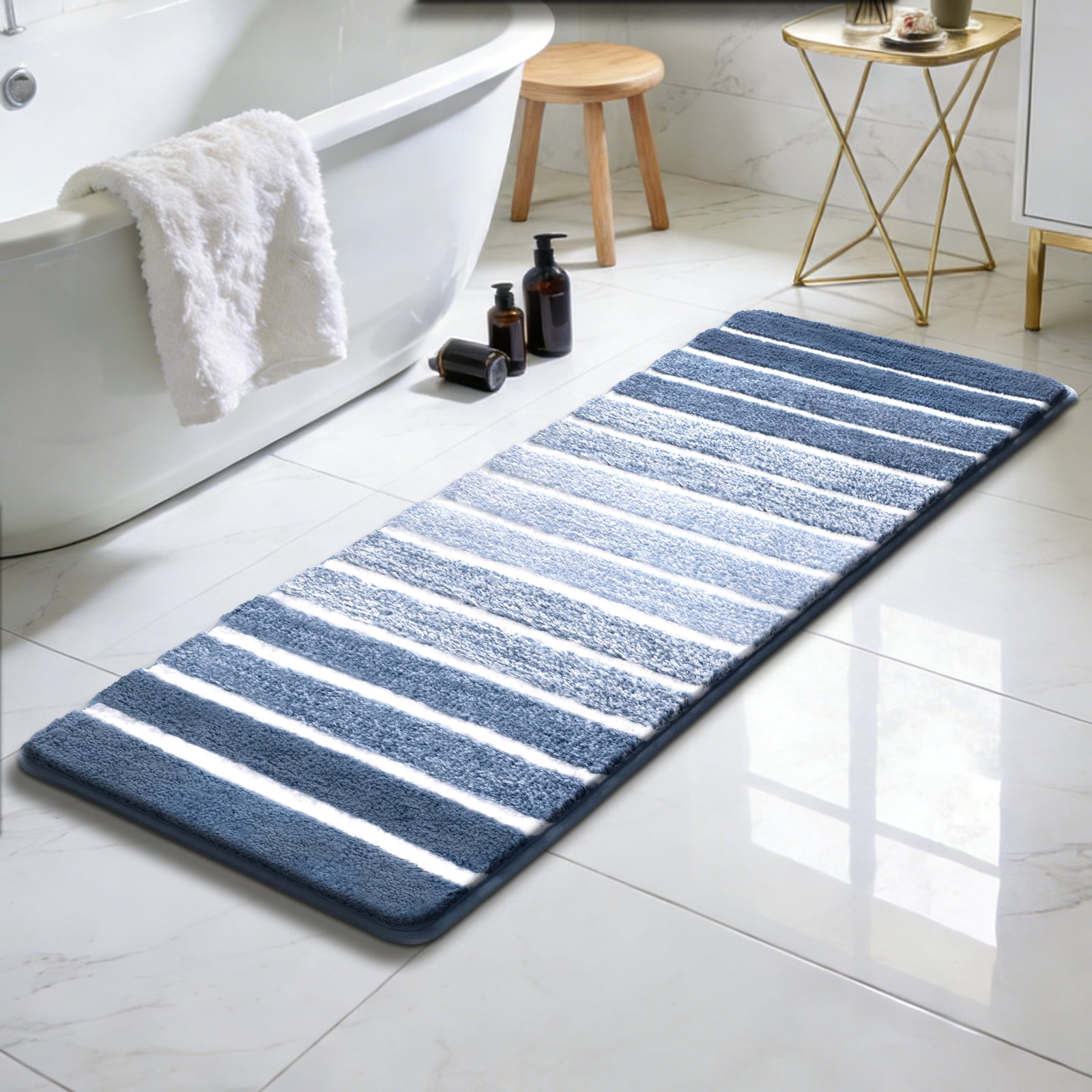 Findosom Bathroom Rugs Set of 3,Absorbent Non-Slip Machine Washable Bath Rugs, Microfiber Quick Dry Bath Mats for Bathroom Floor Tub Shower Bedroom Kitchen,18"x26"+18"x48"+U Shape 20"x24" Blue