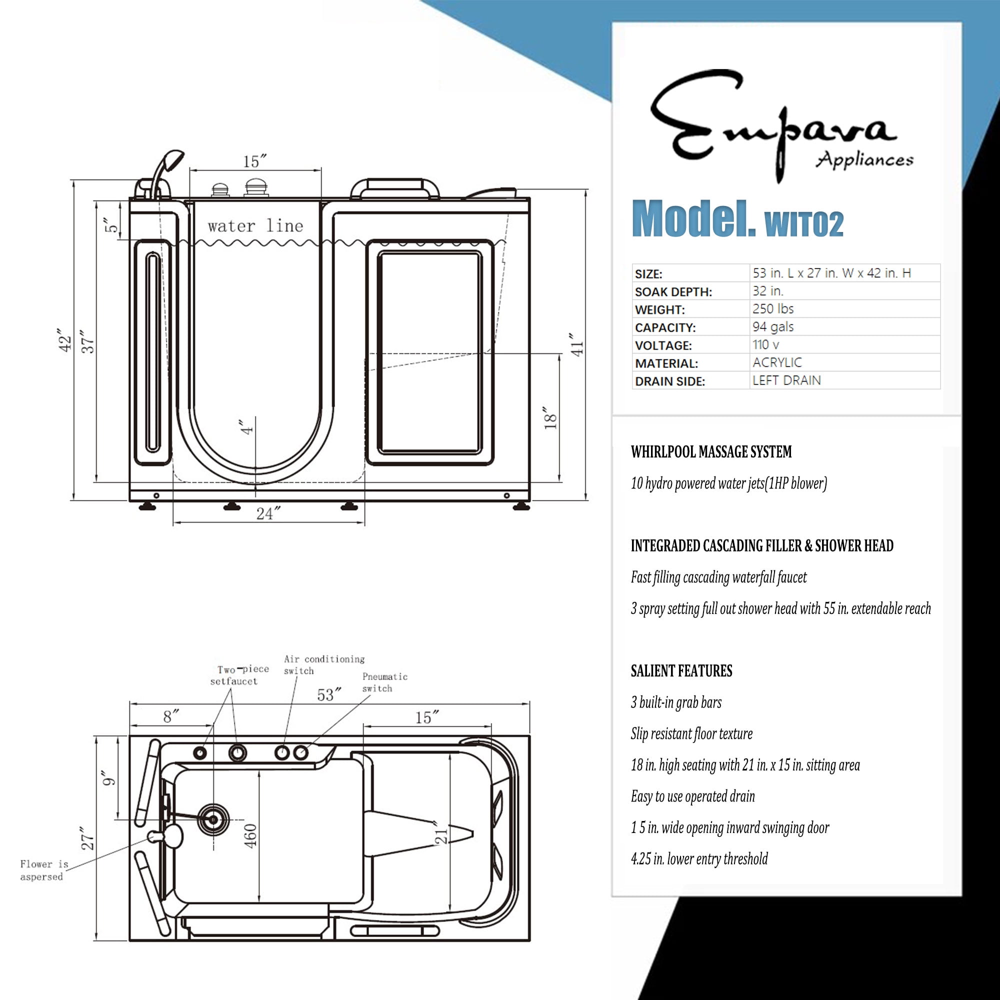 Swcorp 2753FLWL Left Drain Fully Loaded Walk-In Bathtub with Air Jets & Whirlpool Massage Jets Hot Tub, White