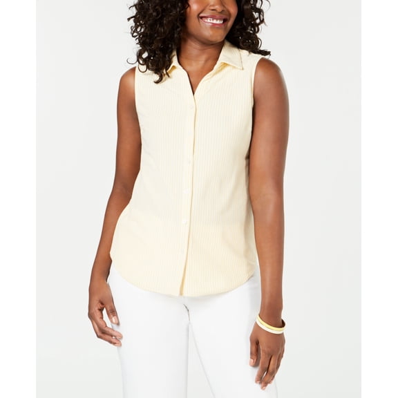 Charter Club Petite Cotton Striped Pique Shirt Lemon Spritz Combo 16P