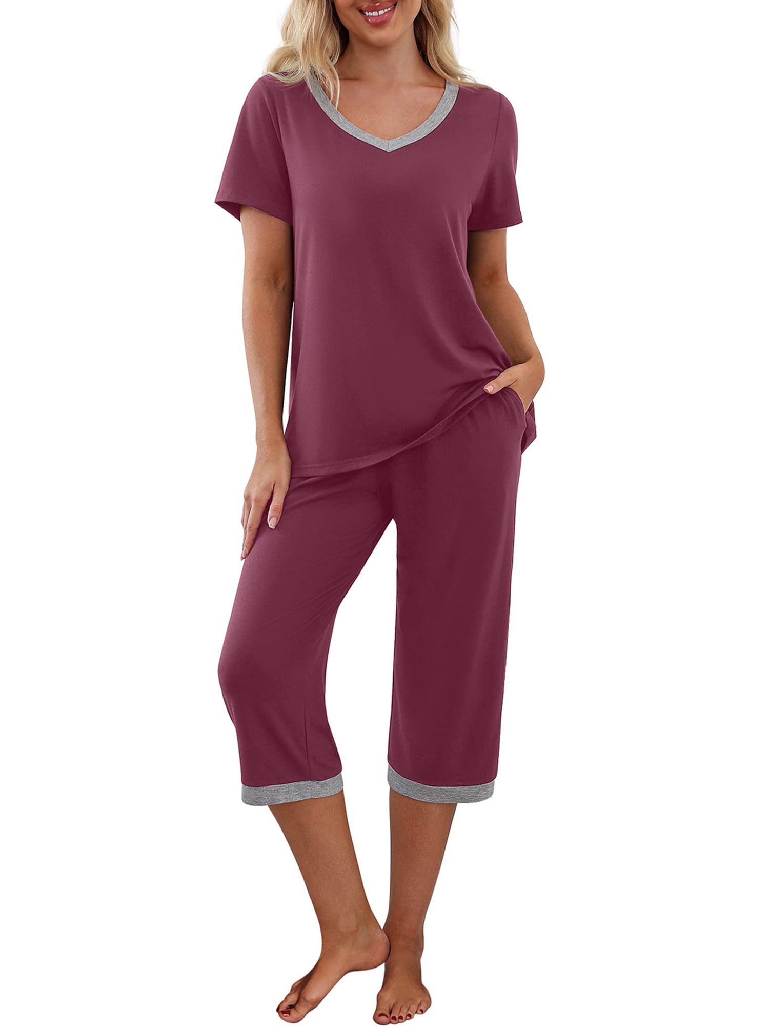 Womens Lounge Pajamas Sets Short Sleeve Top with Capri Pant Casual Fun ...