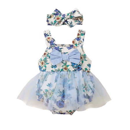 

TheFound Newborn Infant Baby Girls Outfits Sleeveless Romper Dress Floral Bodysuit with Headband 2Pcs Summer Clothes