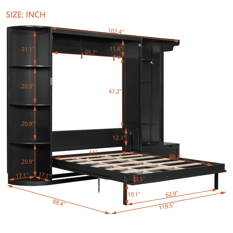 Queen Murphy Bed with Shelves, Coat Hook & Hidden Storage Cabinet, Space-Saving Wall Platform Bed with Built-in Lights