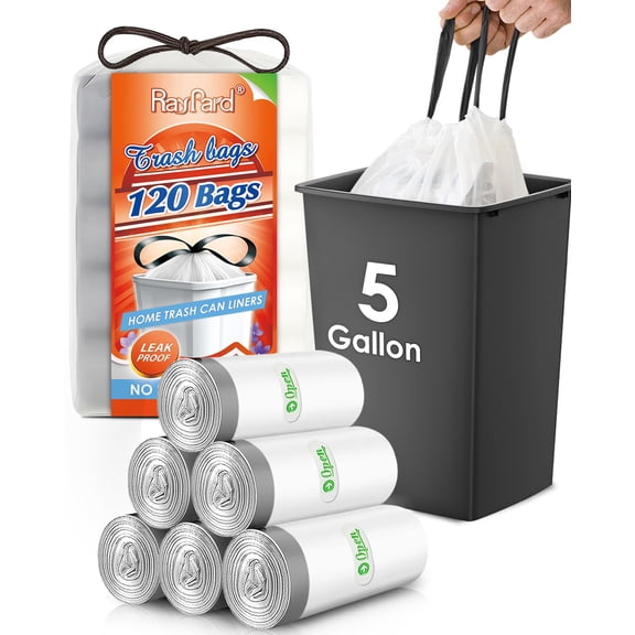 5 Gallon 120 Counts Strong Drawstring Trash Bags Garbage Bags by RayPard, Small Plastic Trash Bags fit 18-20L Trash Can for Home Office Kitchen Bathroom Bedroom, White Waste Basket Liners
