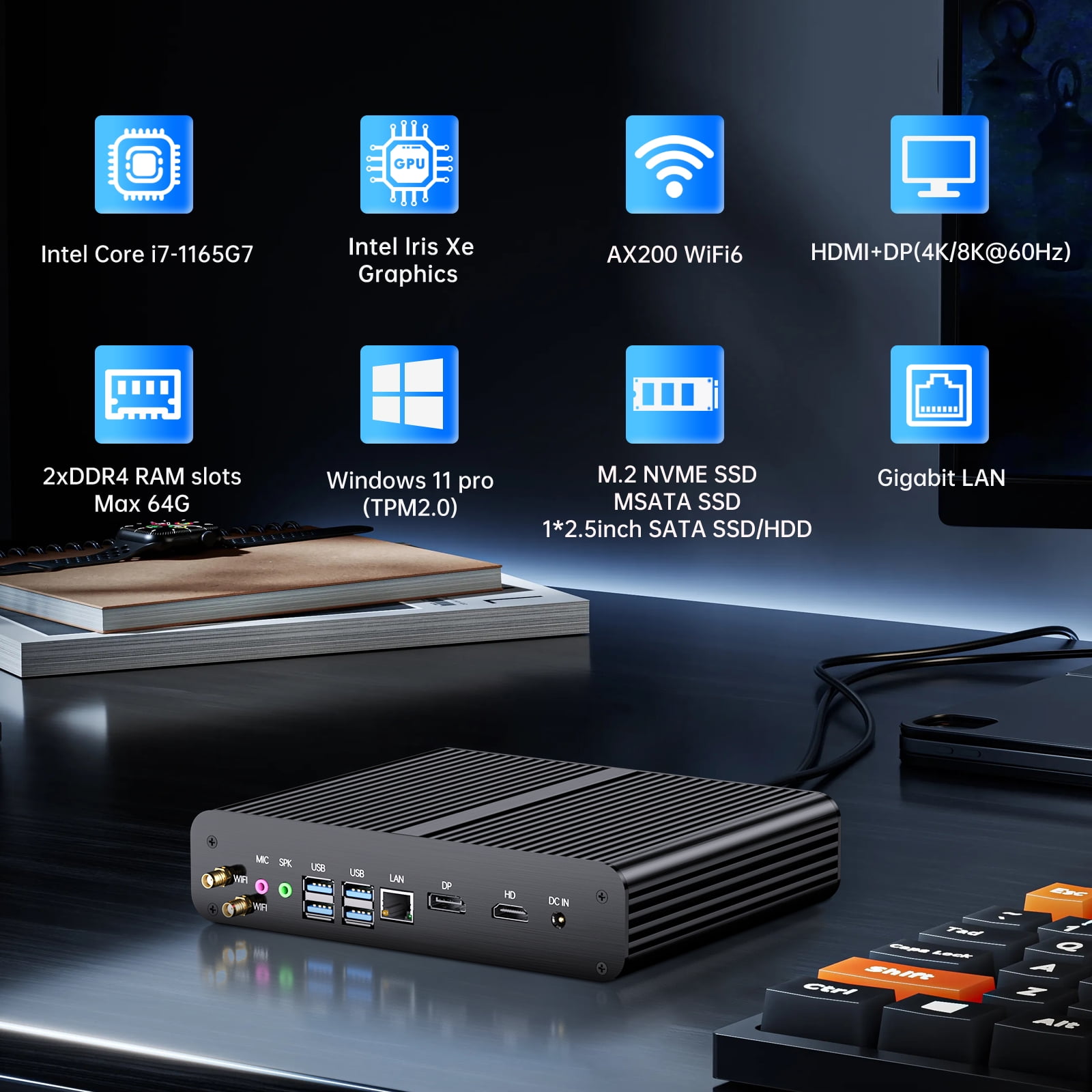 Kinupute Fanless Mini PC, Desktop Computer i7-1165G7 2.8-4.7GHz, Win-11 Pro, 16G DDR4, 512G NVME SSD, Iris Xe Graphics, HD/DP, Dual Display, 8K/4K@60Hz, WiFi6, BT5.2, VESA, WOL, Full Metal Case