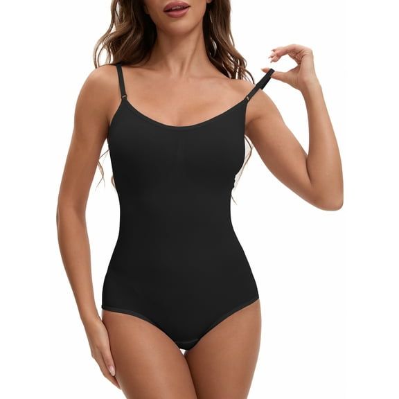 INSPIRE CHIC Womens'  V Neck Seamless Sleeveless Bodysuit Shapewear Tummy Control Briefs Body Shaper S Black