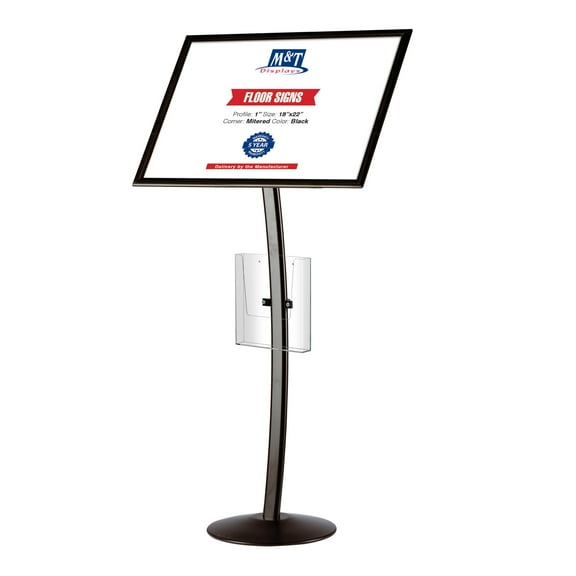 M&T Displays Curved Menu Board, 18x22 Inch Pedestal Sign Holder with 8.5x11 Inch Brochure Holder Black Floor Standing Aluminum Front Loading Easy Open Poster Message Advertisement Post