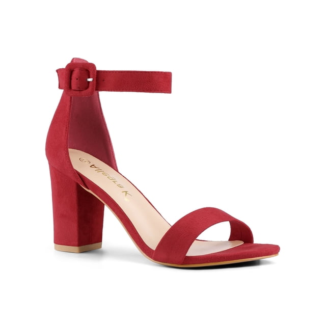 BLISSFUL STEP Women's Shoes Ankle Strap Block Heel Buckle Open Toe Sandals Red 5.5