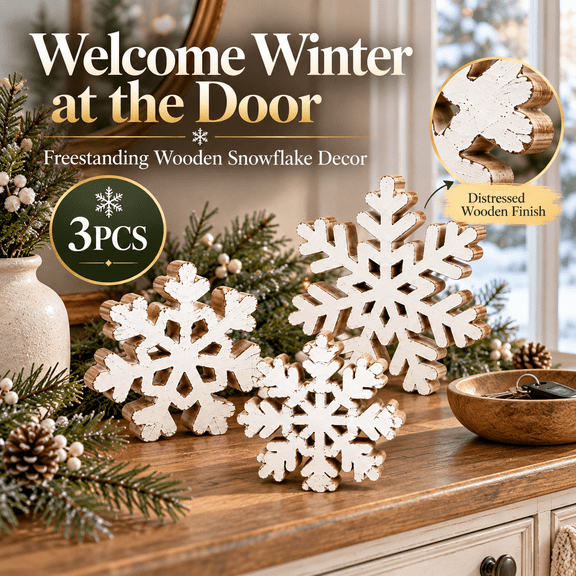 Christmas Wooden Snowflake Tabletop Decor, Wood Construction, Reusable Construction, Tabletop Ornament for Shelf, Mantel, Table and Entryway, Home Decor, White, 4.72 x 4.72 x 1.18 in, 3 Pieces