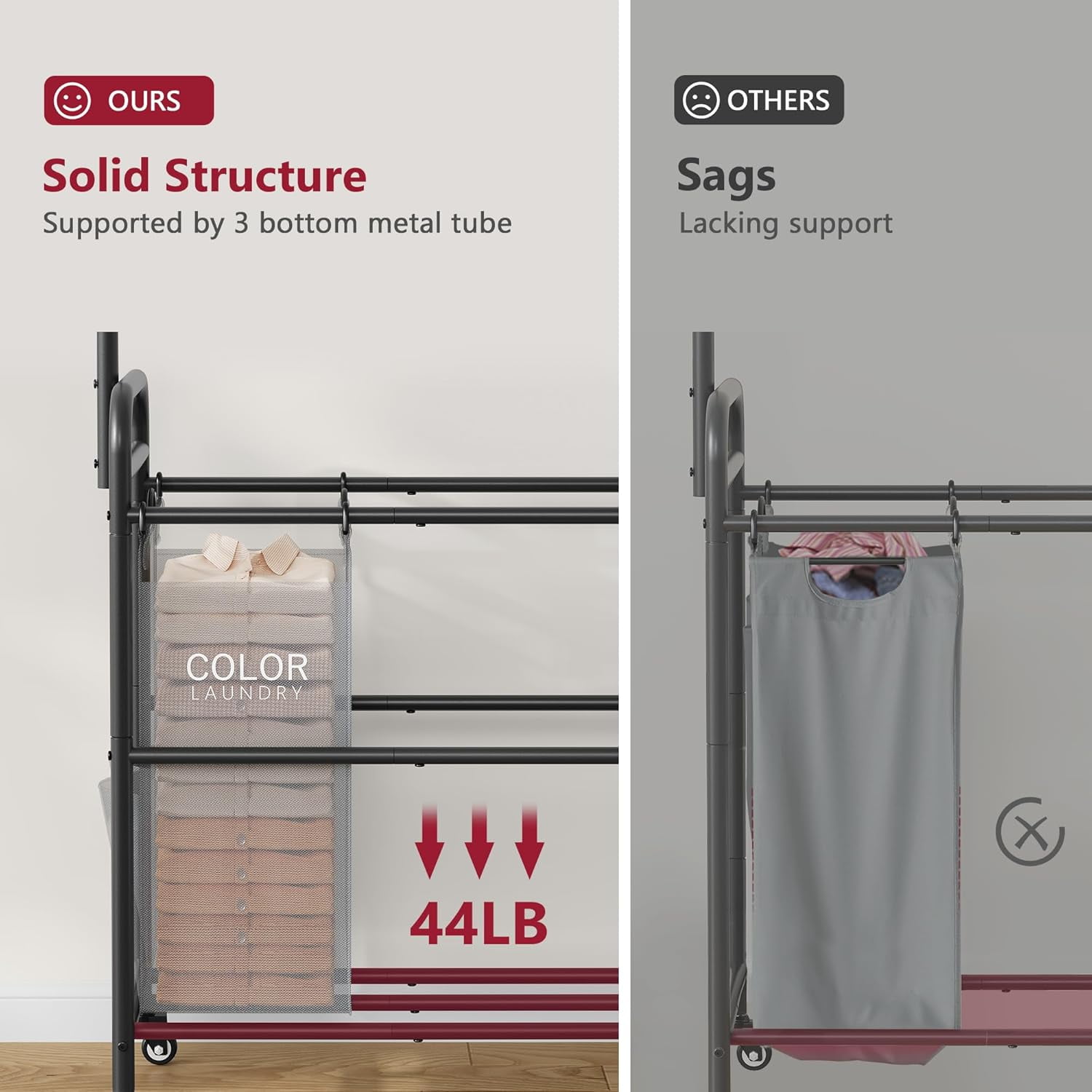 Laundry Sorter with Hanging Rack, 2 Section Rolling Laundry Hamper with Lockable Wheels and Removable Bag