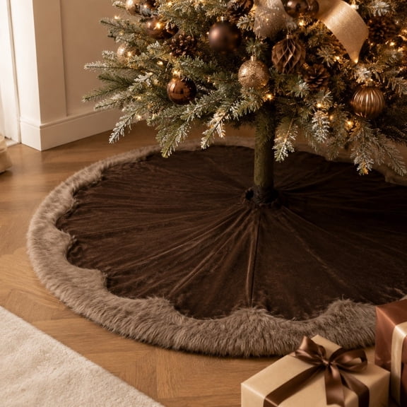 Sahpxhe Christmas Tree Skirt, Brown Velvet Christmas Tree Base Cover with Plush Trim Round Mat for Indoor Xmas Home Decor