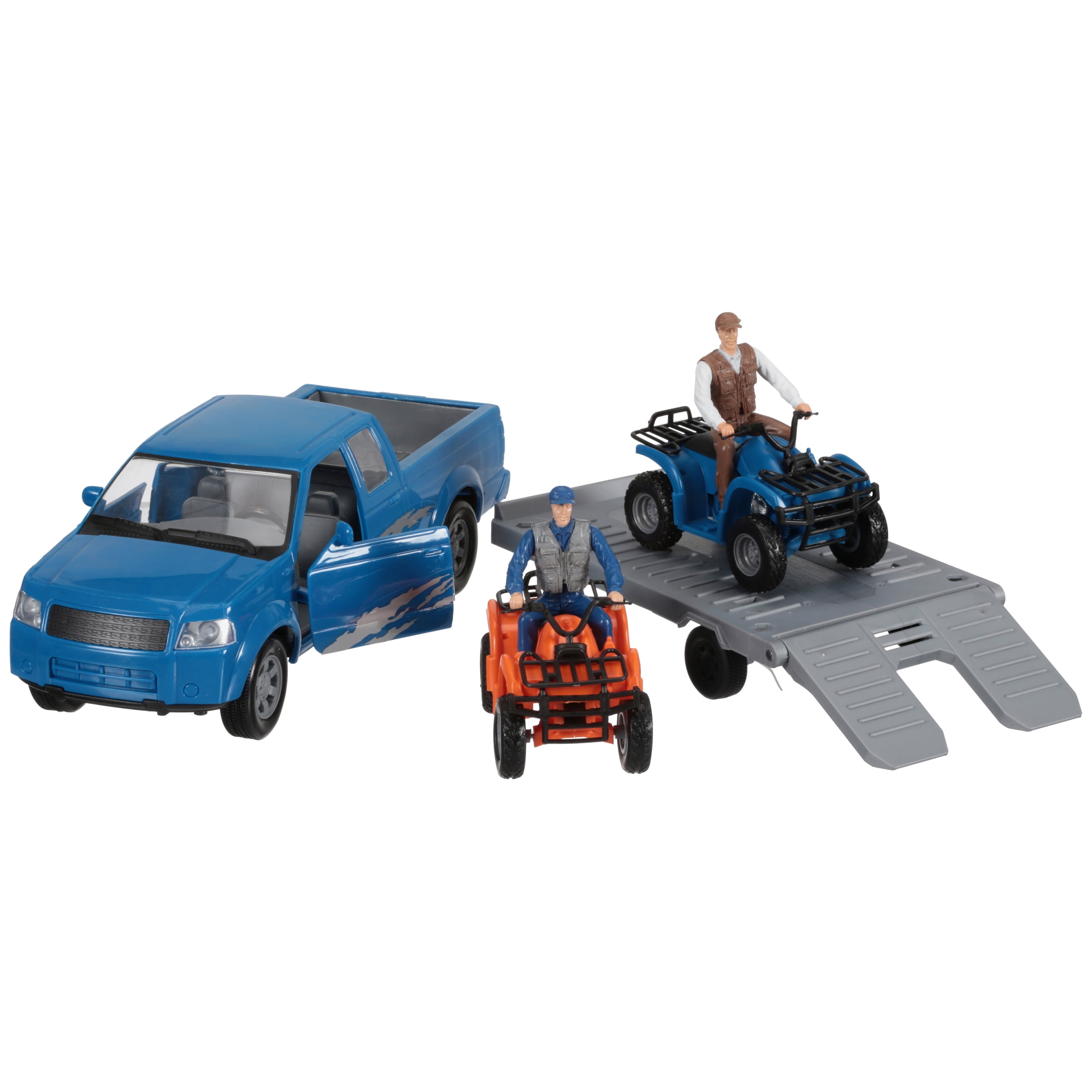 New ray extreme adventure blue pickup truck with trailer & atv 6 pc