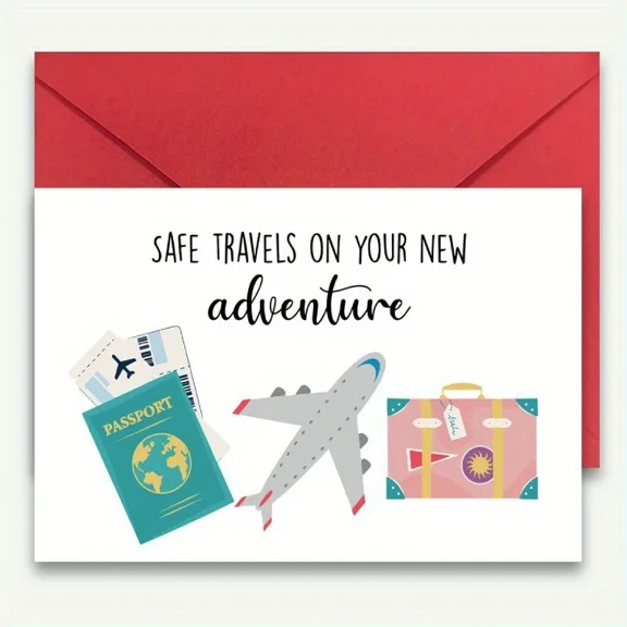 Safe Travels Greeting Card – "Safe Travels on Your New Adventure" with Airplane & Luggage Design – Includes Envelope, Blank Inside for Personal Messages, Perfect for Farewells