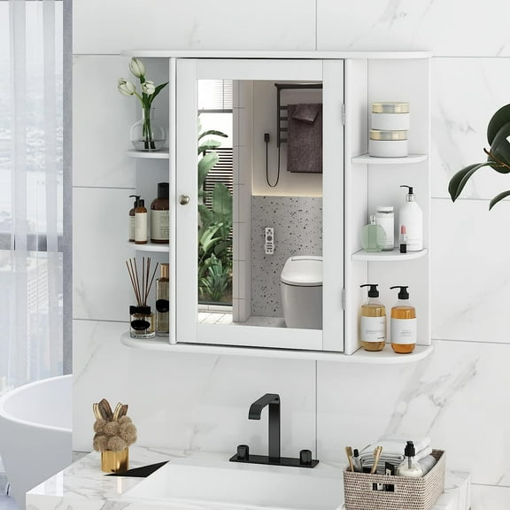 Bathroom Medicine Cabinet with Mirror, Wall Mounted Storage with 6 Shelves, Adjustable Design, White