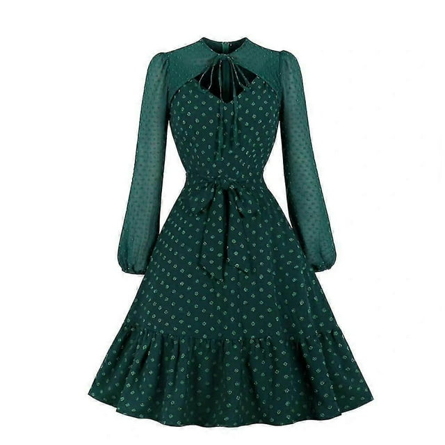 Vintage Women Ladies Polka Dot Long Sleeve Lace Up Casual Ruffle A-line Dress