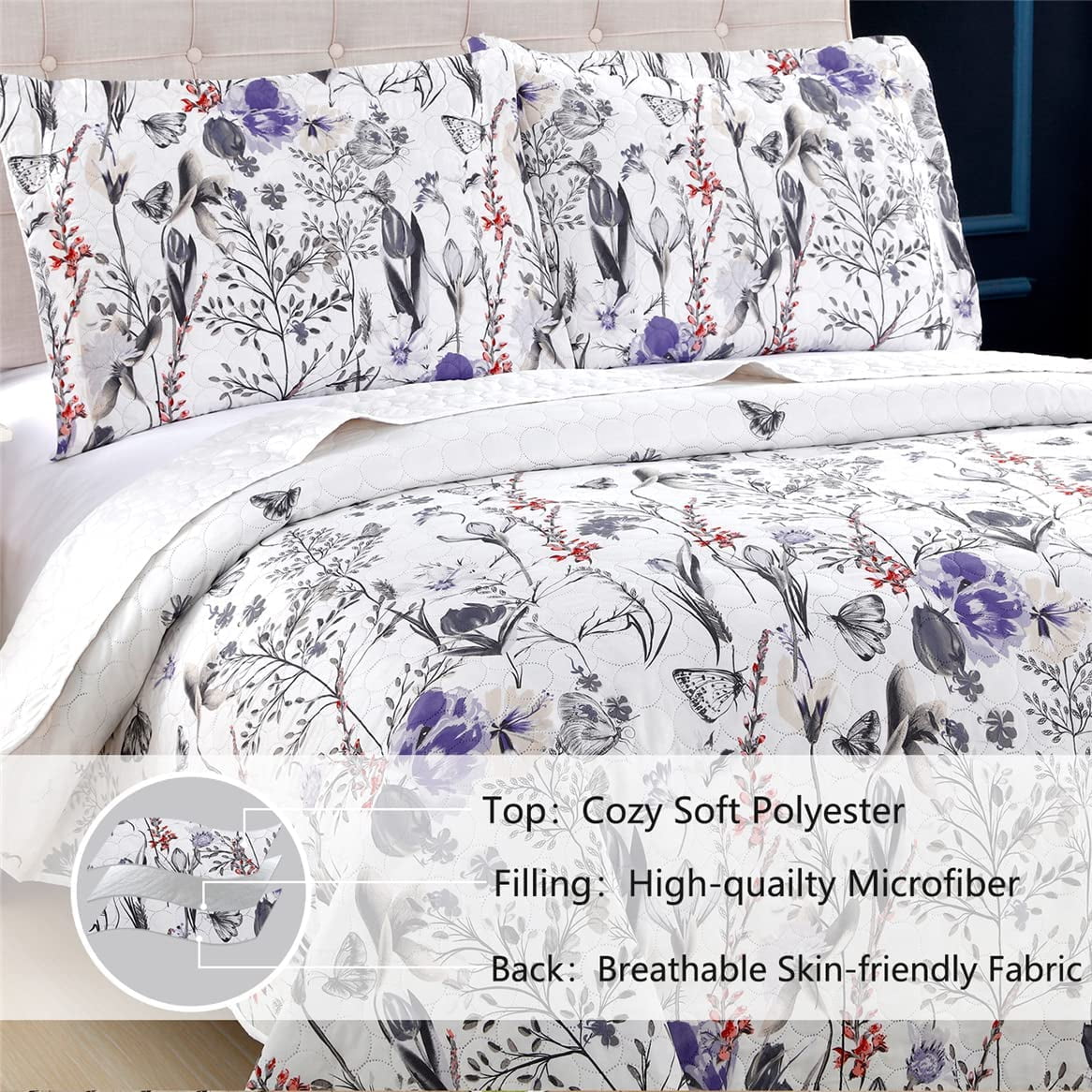 Jessy Home Twin Floral Quilt Lightweight Purple Butterfly Bedding Tulip Bedspread Coverlet