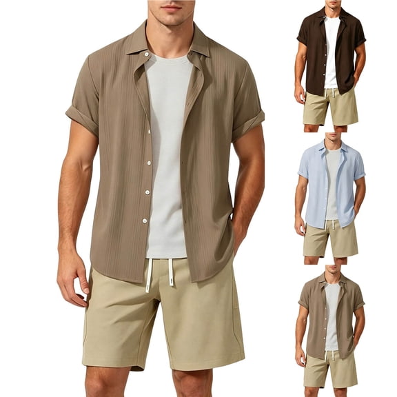 FRSASU Men's Casual Solid Shirts Short Sleeve Shirts Button Down Summer Beach Wedding Dressy Shirt Light Blue