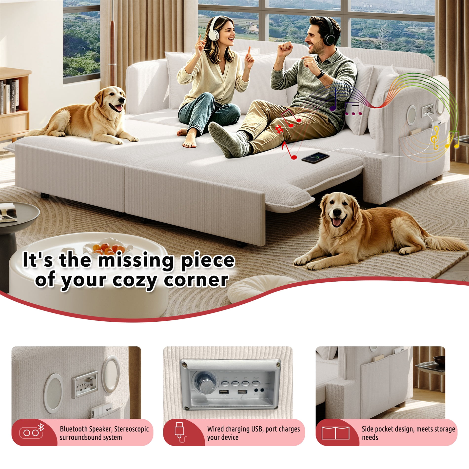 Alvantor 3 in 1 Convertible Sleeper Sofa Bed, 82" W Pull Out Sofa Bed with Bluetooth Speakers, USB Ports for living room, Apartment, Beige