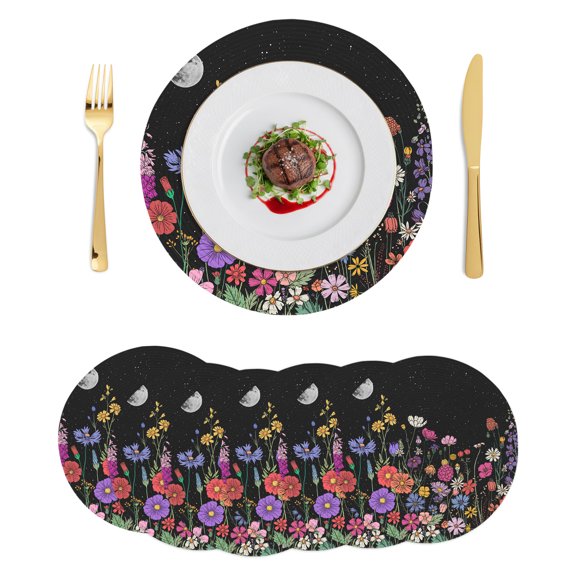 Round Placemats Wildflower 15 inch Set of 6 Table Mats for Dining Table Herb Flower Botanical Black Heat Resistant Non-Slip Kitchen & Home Decorative Place Mat Set