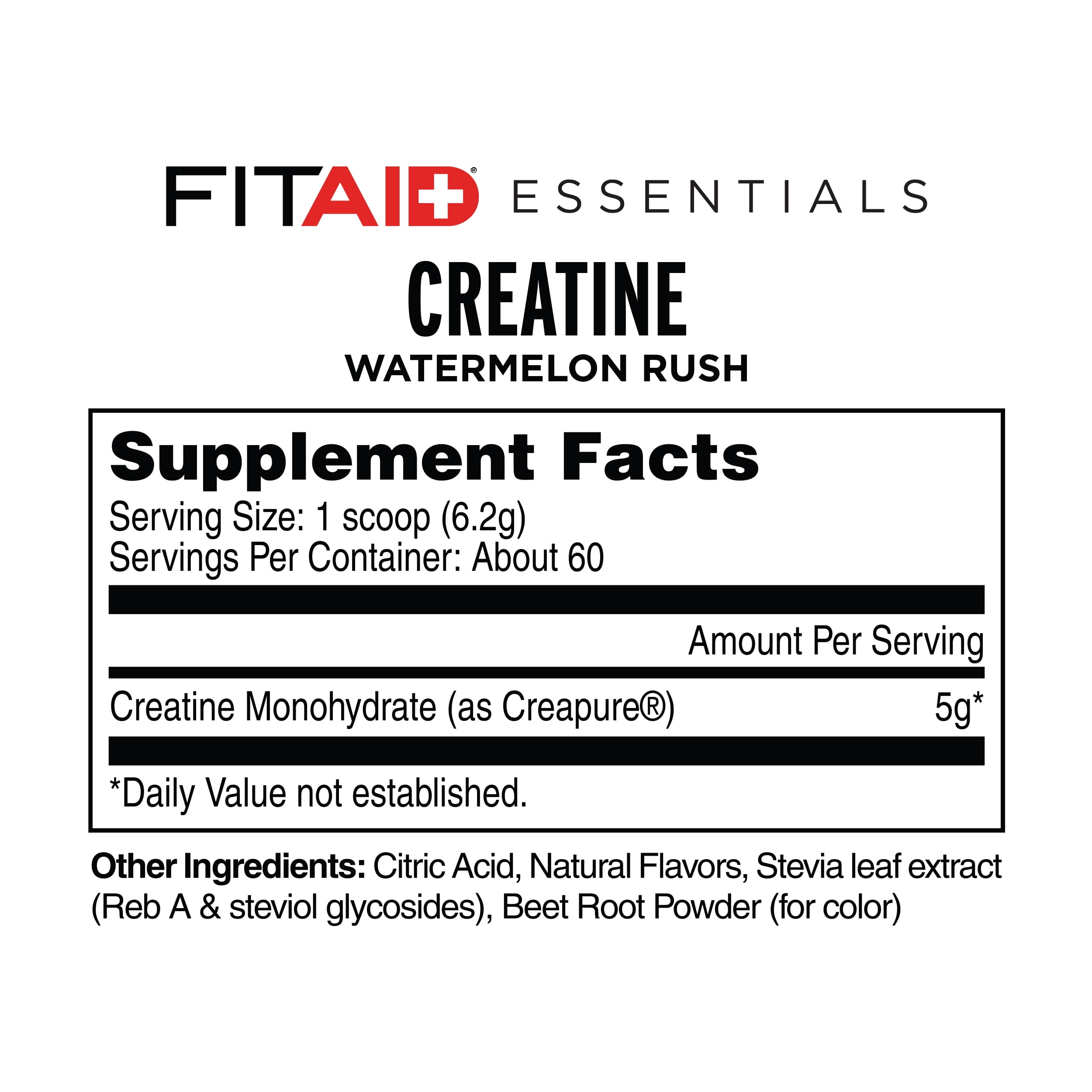 FITAID Essentials Creatine Powder Watermelon Rush, CreaPure Creatine Monohydrate, ATP Production for Weightlifting, Cycling, Zero Sugar, Smooth-Mixing, Easy on Stomach, Resealable, 60 Servings