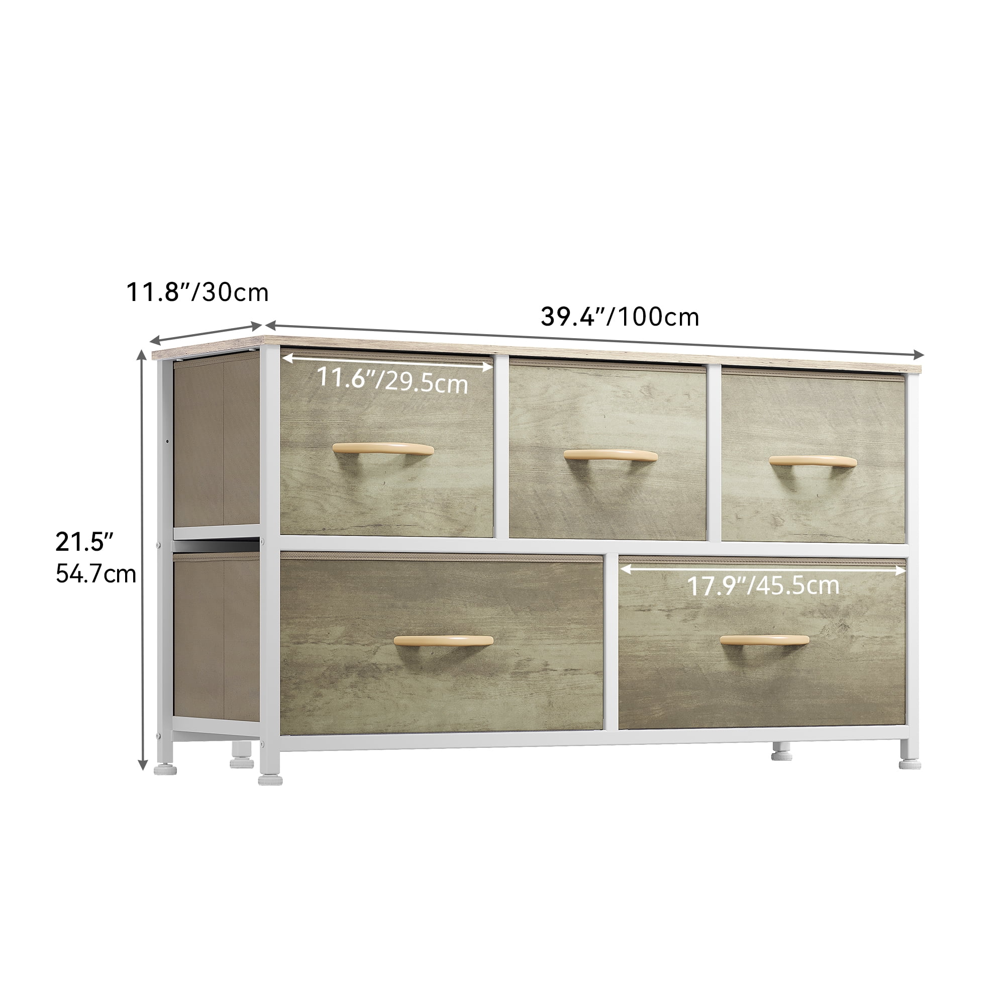 Uforic 5-Drawer Fabric Dresser for Adults, Storage Tower with Steel Frame & Wood Top, Oak Grain