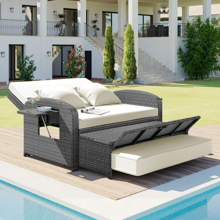 Outdoor Rattan Double Chaise Lounge 2 Person Reclining Sunbed with Adjustable Back and Cup Tray White 2 Person Walmart