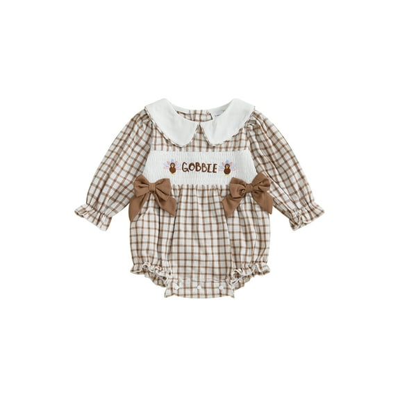 BemeyourBBs Girl Thanksgiving Romper Doll Collar Turkey Embroidery Plaid Jumpsuit