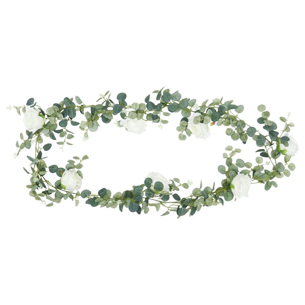 Decoración de pared de ratán artificial con hojas de eucalipto y rosas blancas, guirnalda colgante (1,95 m)
