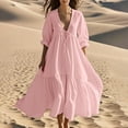 thumbnail image 2 of Feancey Maxi Dresses for Women Lace-up Deep V Neck Linen Dress Low Cut Puff Sleeve Swing Dresses Pleated Flowy Beach Vacation Dress Pink XL, 2 of 7