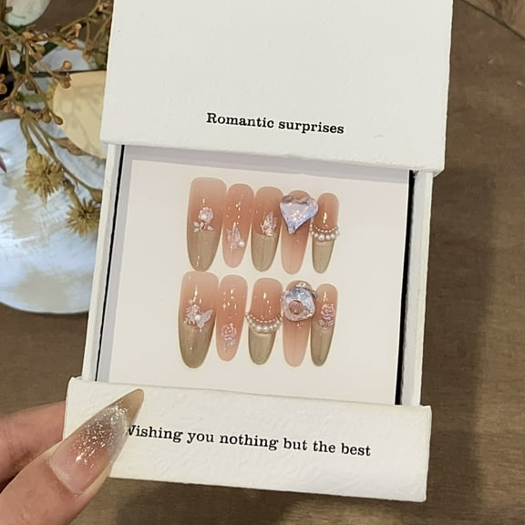 Vintage Y2k Resin Diamond Handmade Press on Nails for Women Pretty Classy Unique Long Oval Pink Fake Nails