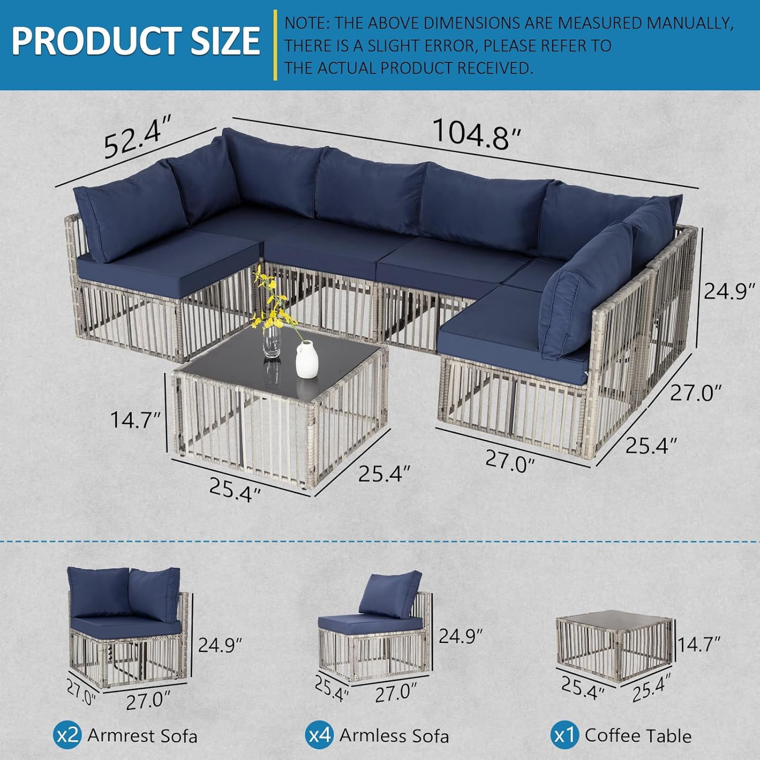 Ainfox 7 Pieces Outdoor Wicker Patio Furniture Set, Adjustable Backrest Sectional Conversation Couch with Thick Cushions & Coffee Table for Garden Porch Poolside, Gray/Blue