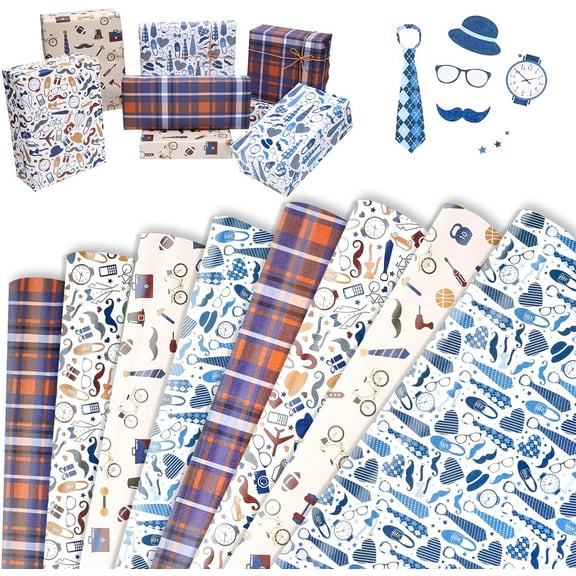 HOWAF 8 Sheets Happy Father's Day Wrapping Paper, Father's Day Party Gift Wrapping Paper 4 Design Mustache, Funny Hat, Plaid, Men's Birthday