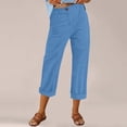 thumbnail image 3 of Linen Pants Women Elastic Waist Cropped Button Summer Lounge Pants Straight Leg Ankle Length Cotton Linen Slacks Royal Blue M, 3 of 7