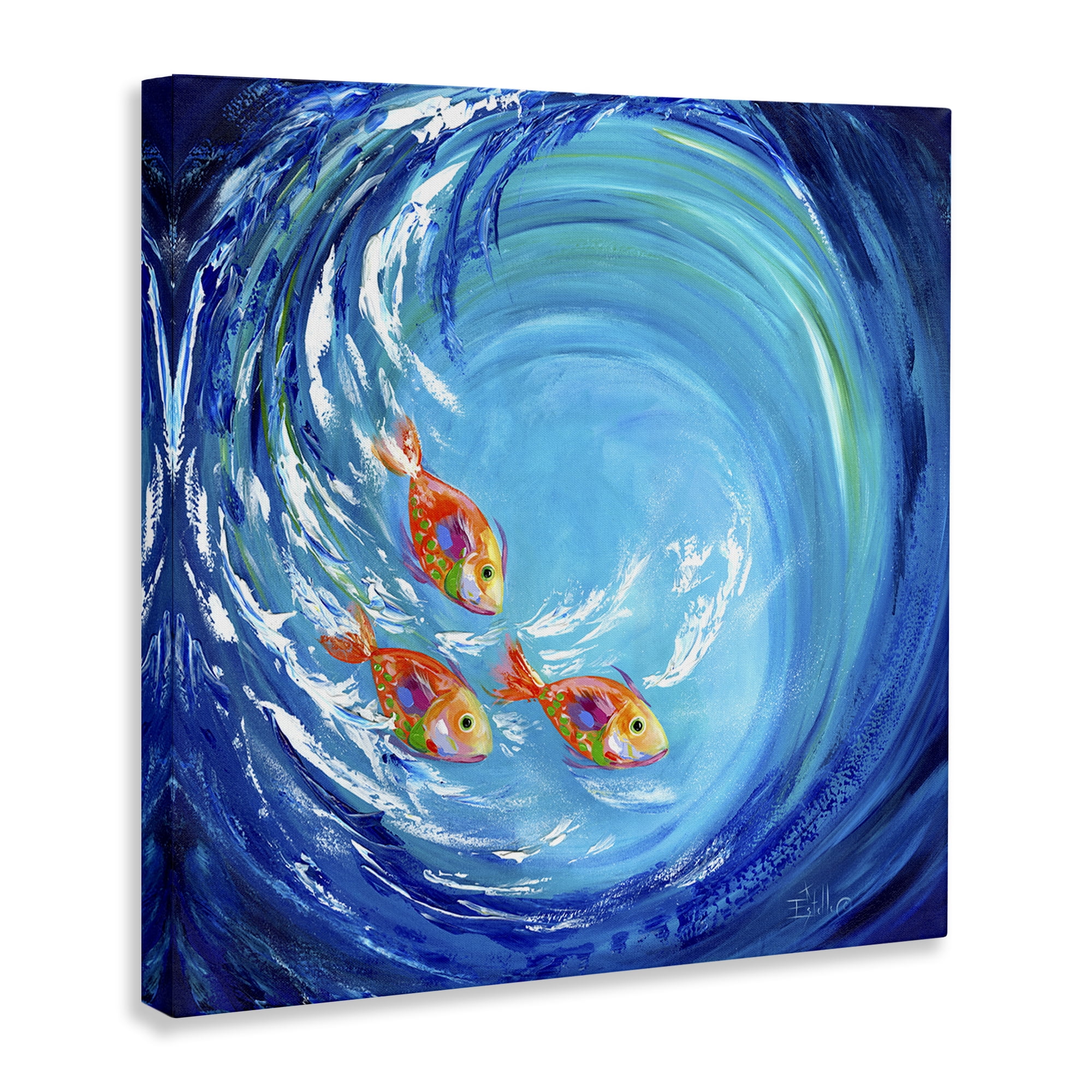 Stupell Industries Into The Blue Fish Landscape Painting Gallery Wrapped Canvas Art Print Wall Art, 17 x 17